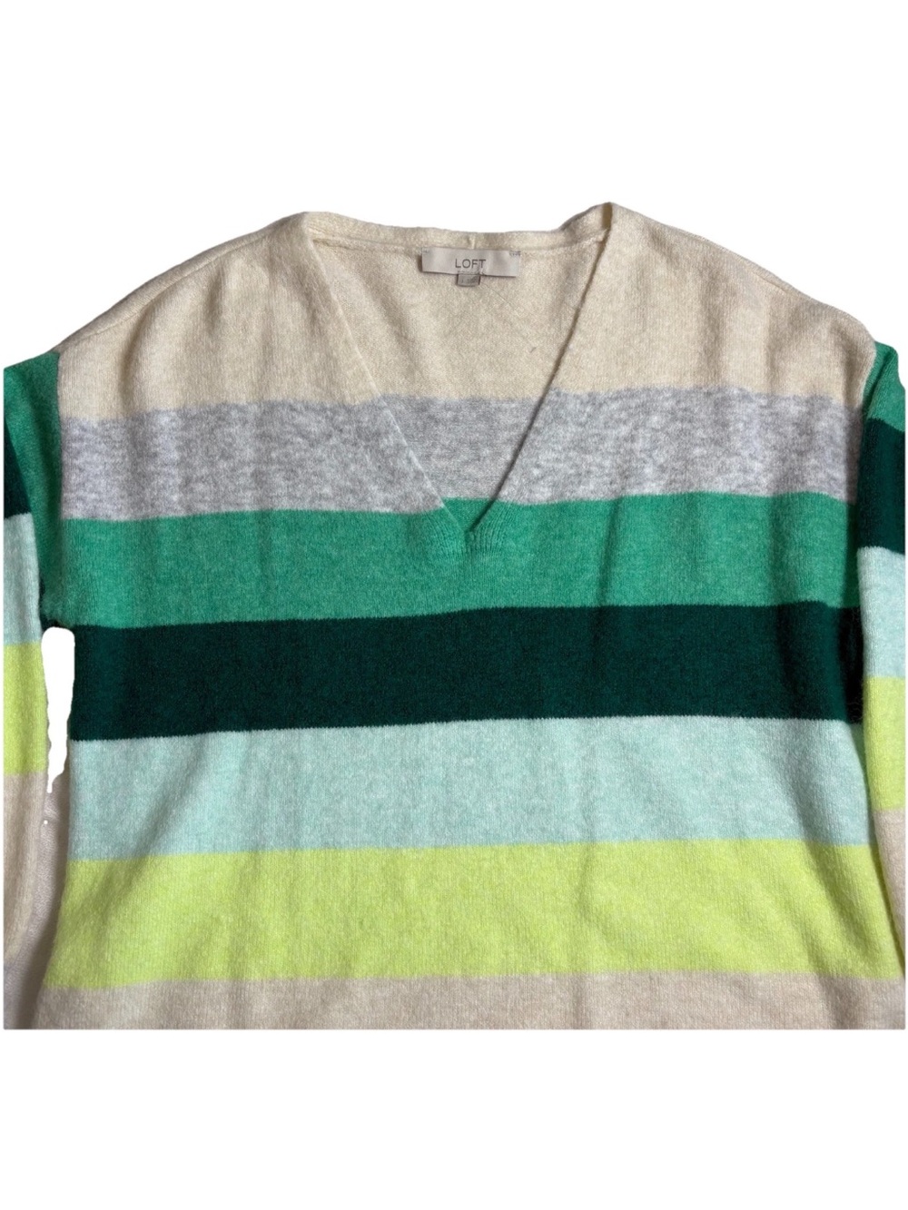 LOFT Striped V Neck Sweater Long Sleeve Green Cream Gray Striped Womens Large - Picture 4 of 9